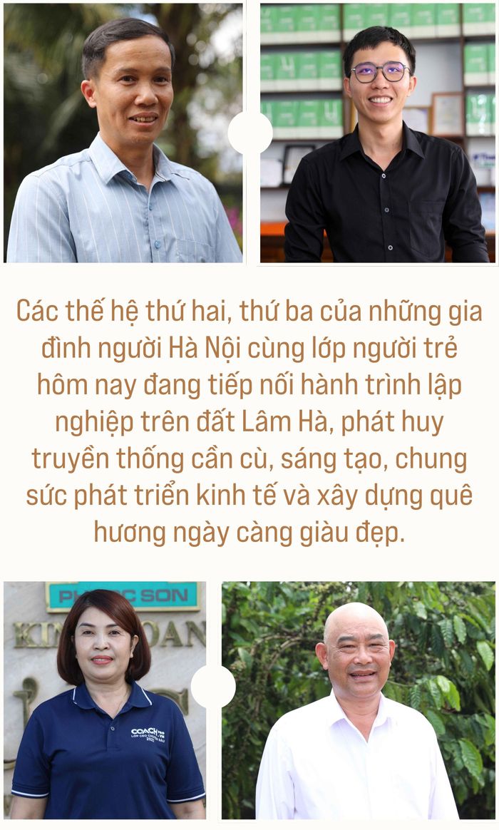 Anh Phạm Thừa Khương (hàng trên, bên trái); anh Phạm Việt Hùng (hàng trên, bên phải); chị Vũ Thùy Dung (hàng dưới, bên trái); ông Nguyễn Văn Bảo (hàng dưới, bên phải) thế hệ thứ hai của những gia đình người Hà Nội lập nghiệp trên vùng đất Lâm Hà, Lâm Đồng
