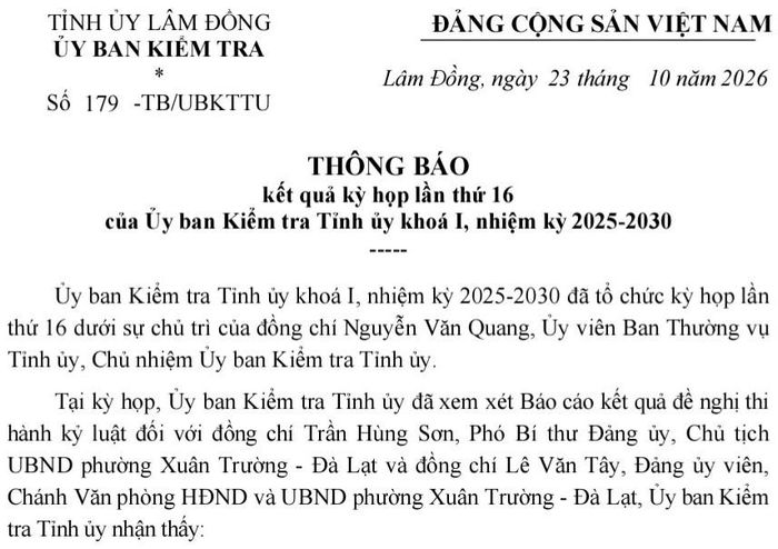 Thông báo kết quả kỳ họp lần thứ 16 của Ủy ban Kiểm tra Tỉnh ủy Lâm Đồng khóa I, nhiệm kỳ 2025 - 2030