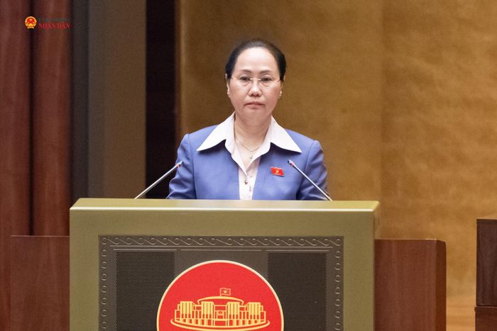 Bộ trưởng Bộ Văn hóa, Thể thao và Du lịch Lâm Thị Phương Thanh trình bày Tờ trình về dự án Luật Phát triển công nghiệp văn hóa. Ảnh: Phạm Thắng