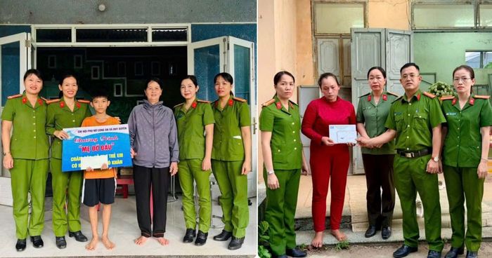 Hội viên phụ nữ Công an xã Duy Xuyên trao quà tặng học sinh trong chương trình “Mẹ đỡ đầu” (trái) và trao 10,4 triệu đồng cho người thân chị Nguyễn Thị Cẩm Ly bị tử vong do tai nạn giao thông.