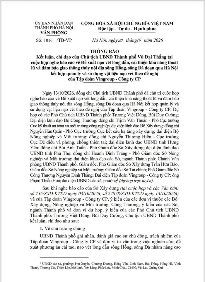 Hà Nội chỉ đạo về đề xuất nạo vét sông Hồng của Vingroup. Ảnh chụp Thông báo