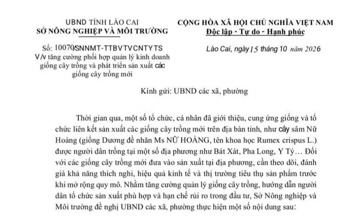 Sở Nông nghiệp và Môi trường tỉnh Lào Cai đã ban hành Công văn số 10070/SNNMT-TTBVTVCNTYTS gửi UBND các xã, phường về việc tăng cường quản lý hoạt động kinh doanh giống và phát triển sản xuất giống mới phù hợp với điều kiện thực tế.