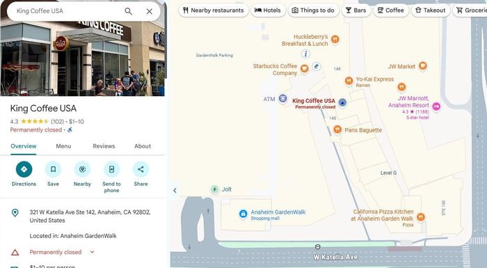 Cửa hàng King Coffee USA tại địa chỉ 321 W Katella Ave, Suite 142, thành phố Anaheim, bang California (Mỹ), hiện được Google Maps đánh dấu "Đã đóng cửa vĩnh viễn". Ảnh: Việt Nam hàng ngày.