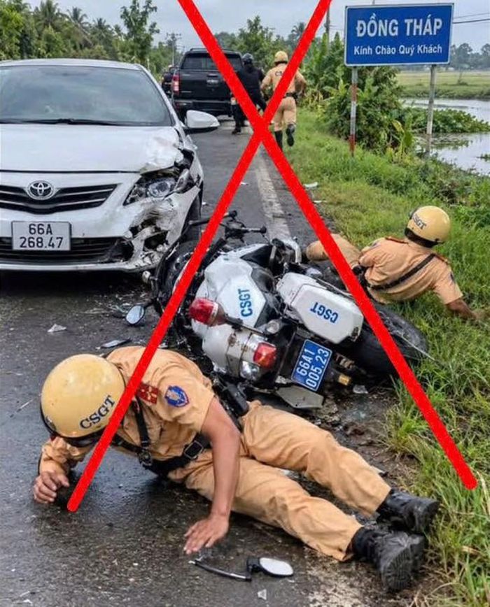 Cơ quan chức năng cảnh báo thông tin về vụ tai nạn khi truy đuổi người vi phạm ở Đồng Tháp đang lan truyền trên mạng xã hội là sai sự thật. (Ảnh Cục CSGT)