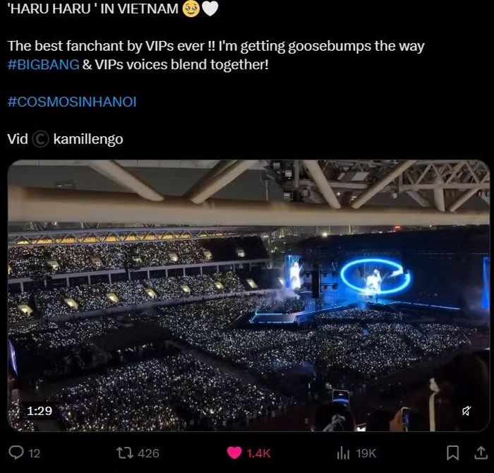 Cả fan Việt lẫn V.I.P quốc tế đều tự hào khi xem clip fanchant "Haru Haru" - BIGBANG tại Hà Nội, gọi khoảnh khắc fan hòa giọng cùng tiếng hát của các thành viên là "đẳng cấp nhất", xúc động và nhiệm màu.