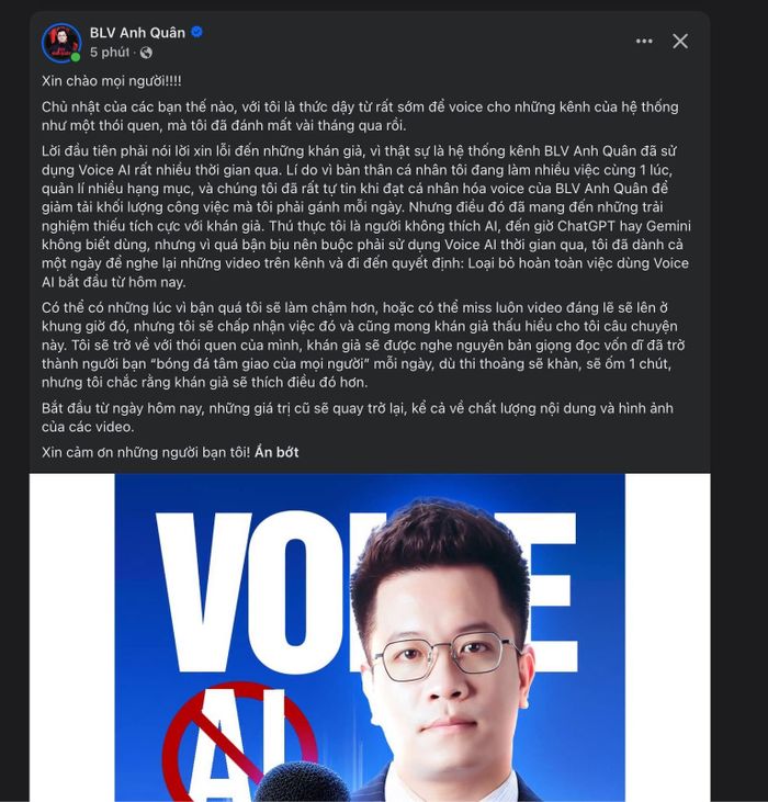 Bài đăng trên Facebook cá nhân của BLV Anh Quân thông báo ngừng sử dụng AI để tạo giọng đọc cho các video trên hệ thống kênh. Ảnh: Xuân Sang.