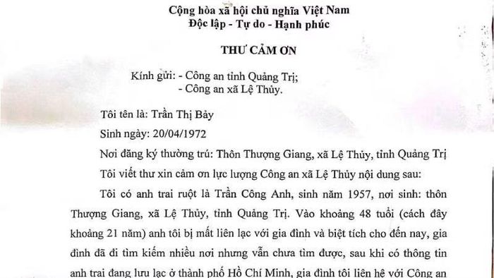 Bức thư của bà Trần Thị Bảy gửi tới Công an xã Lệ Thủy (Ảnh: Công an Lệ Thủy)