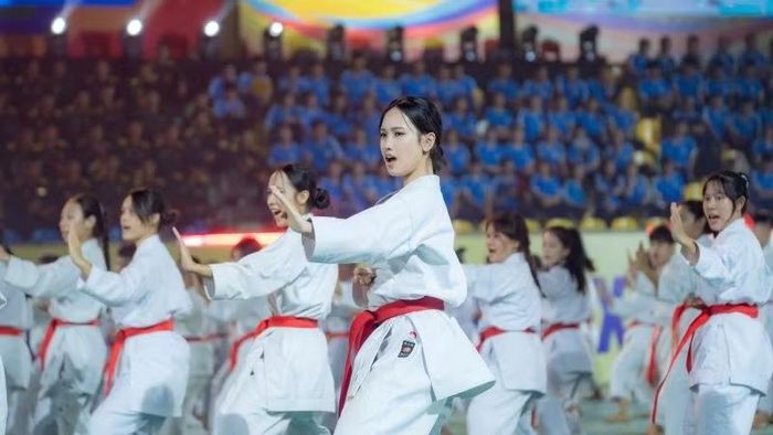 Phần đồng diễn của các võ sinh Nghĩa Dũng Karate tạo nhiều ấn tượng với đại biểu cùng du khách, khán giả tham dự. (Ảnh: L.Hoàng)