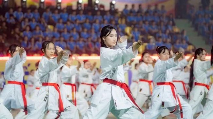Tiết mục đồng diễn của các võ sinh Karate tạo không khí sôi nổi, nhiều ấn tượng tại Lễ khai mạc Đại hội. (Ảnh: L.Hoàng)