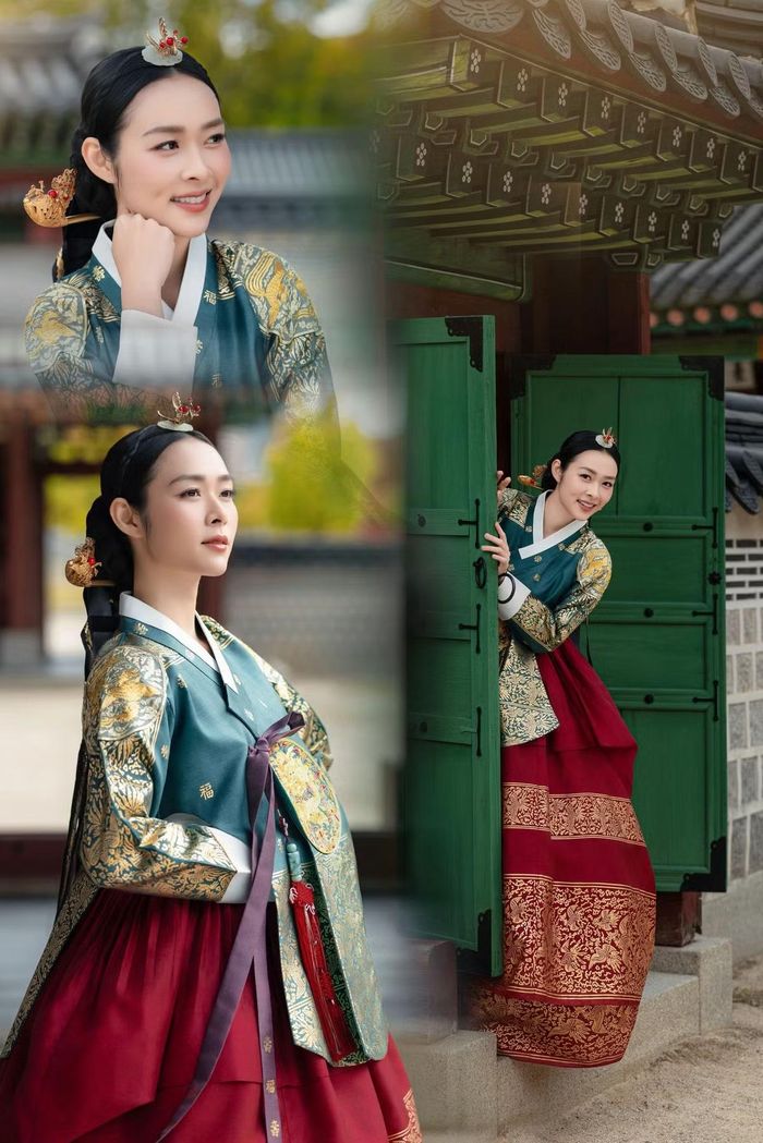 Diễn viên Diệp Bảo Ngọc gây chú ý khi chia sẻ bộ ảnh diện hanbok, trang phục truyền thống của Hàn Quốc. Trong thiết kế xanh ngọc kết hợp chân váy đỏ thẫm, người đẹp khoe nhan sắc thanh tú, dịu dàng giữa không gian cung điện cổ kính.