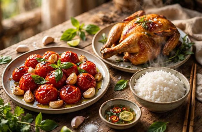 Món cà chua nướng tỏi, dầu ô liu ăn kèm gà nướng và cơm nóng. Ảnh: @Meta AI.
