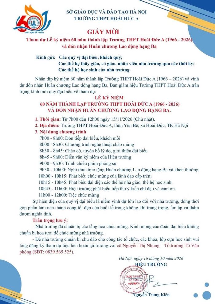 Dự kiến, đại lễ kỷ niệm 60 năm thành lập Trường THPT Hoài Đức A sẽ được tổ chức vào ngày 15/11/2026.