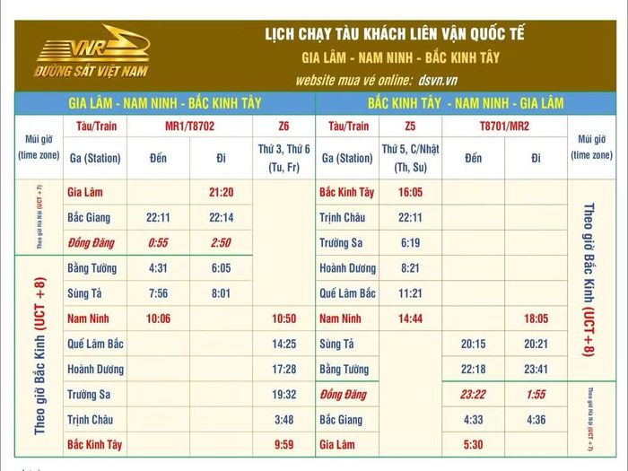 Lịch chạy tàu. Ảnh: VNR.