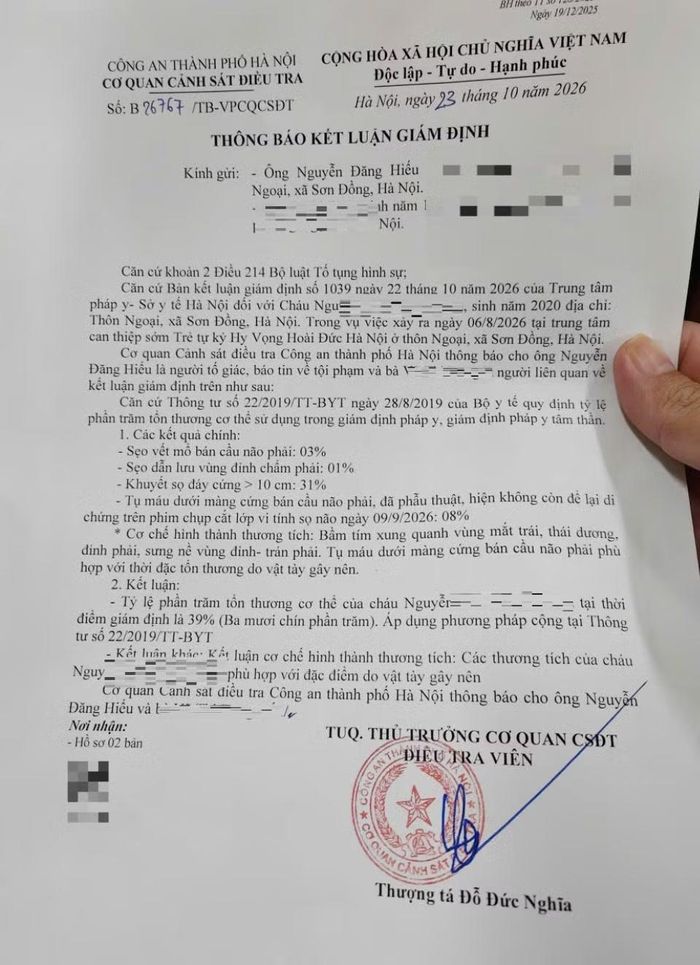 Thông báo kết luận giám định gia đình cung cấp.