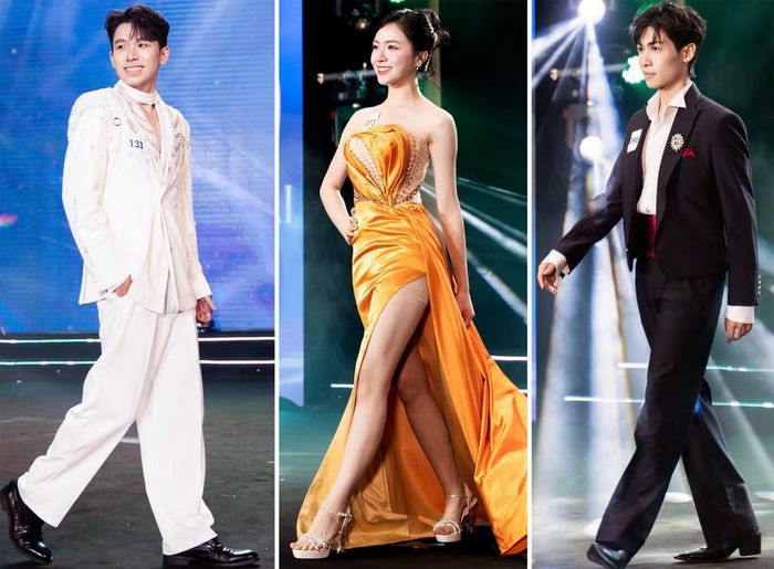 Trong phần thi trang phục dạ hội, các thí sinh đã thể hiện nét thanh lịch với những bộ vest, váy được thiết kế kiểu cách.