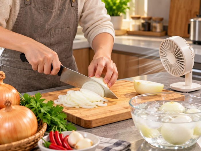 Bật quạt giúp những giọt hành bắn ra xa trước khi tiếp xúc gần với mắt. Ảnh: AI