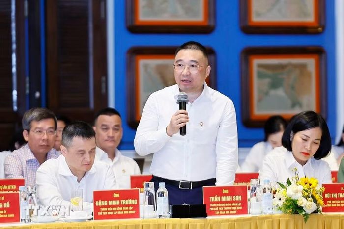 Phó Chủ tịch Thường trực HĐQT Tập đoàn Sun Group Trần Minh Sơn phát biểu tại cuộc làm việc với Lãnh đạo tỉnh An Giang. (Ảnh: Doãn Tấn/TTXVN)