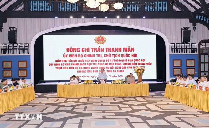 Chủ tịch Quốc hội Trần Thanh Mẫn phát biểu tại cuộc làm việc với Lãnh đạo tỉnh An Giang. (Ảnh: Doãn Tấn/TTXVN)