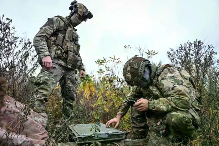 Các binh sĩ thuộc một tiểu đoàn đặc nhiệm Ukraine thiết lập thiết bị liên lạc vệ tinh Starlink tại một vị trí chiến đấu ở vùng Donetsk, Ukraine, vào ngày 16/10/2026. Ảnh: Ukrinform