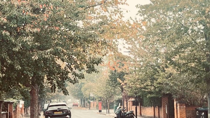 Con phố vắng sau làn sương mỏng đầu ngày - khung cảnh bình yên của một sáng tháng 10 ở London.