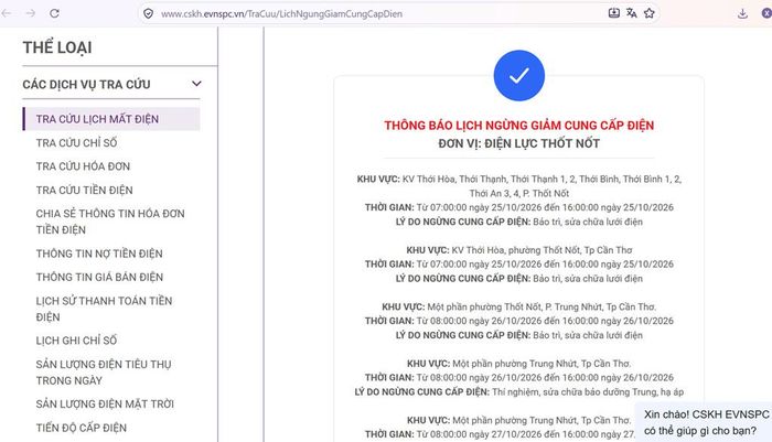Lịch ngừng cấp điện tại Cần Thơ ngày mai 26/10 được cập lúc 10h ngày 25/10 tại website của EVNSPC. Ảnh: BNEWS phát