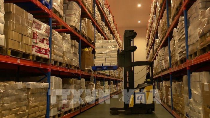 Công nhân đang xếp dỡ hàng hóa tại kho đông lạnh của Công ty Cổ phần Anpha - AG ở Khu công nghiệp Long Hậu, tỉnh Tây Ninh. Ảnh: Thanh Bình -TTXVN
