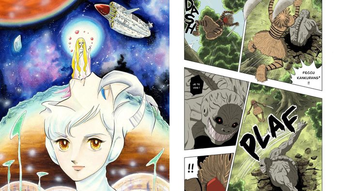 Tranh minh họa phong cách manga/comic thể hiện các nhân vật huyền bí và thế giới viễn tưởng trong triển lãm "Myths and Monsters: The Art of Fantasy in Asia" tại Bảo tàng M+. Ảnh: Thestandard.