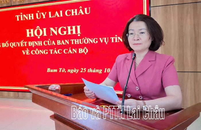 Đồng chí Lê Thị Hường - Trưởng Ban Tổ chức Tỉnh ủy phát biểu giao nhiệm vụ.