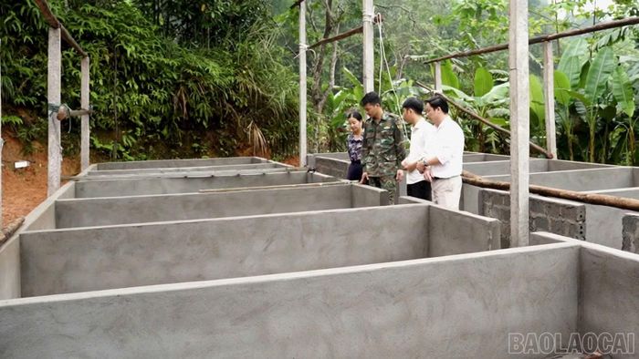 Cán bộ chuyên môn xã kiểm tra, hướng dẫn kỹ thuật xây dựng chuồng trại ngay từ khâu đầu tư ban đầu, giúp người dân đáp ứng đúng điều kiện thụ hưởng chính sách.