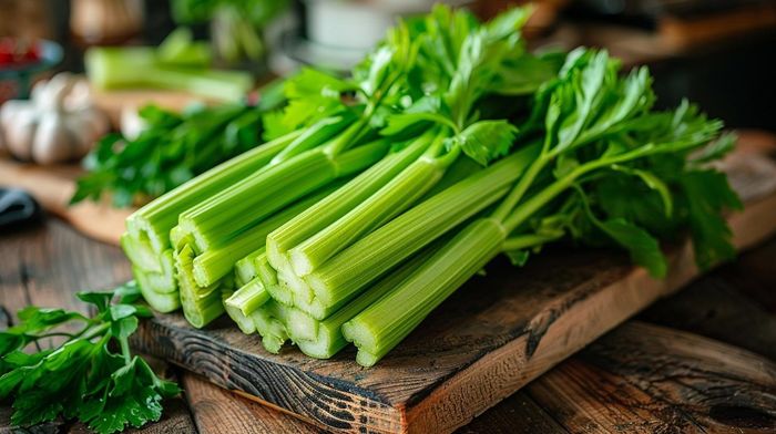 Rau cần tây chứa nhiều nước và một lượng chất xơ nhất định, góp phần hỗ trợ tiêu hóa và giảm nguy cơ táo bón khi kết hợp với chế độ ăn uống cân đối. Ảnh minh họa