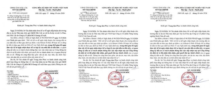 Thông tin tiếp nhận hồ sơ ba dự án điện gió E&M Đắk Lắk, VICO và Tây Ea H’leo do Sở Tài chính tỉnh Đắk Lắk công khai. Nguồn: Sở Tài chính Đắk Lắk