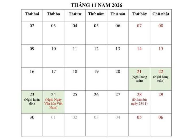 Nghỉ Ngày Văn hóa Việt Nam vào thứ Ba, ngày 24/11/2026, không hoán đổi ngày làm việc.
