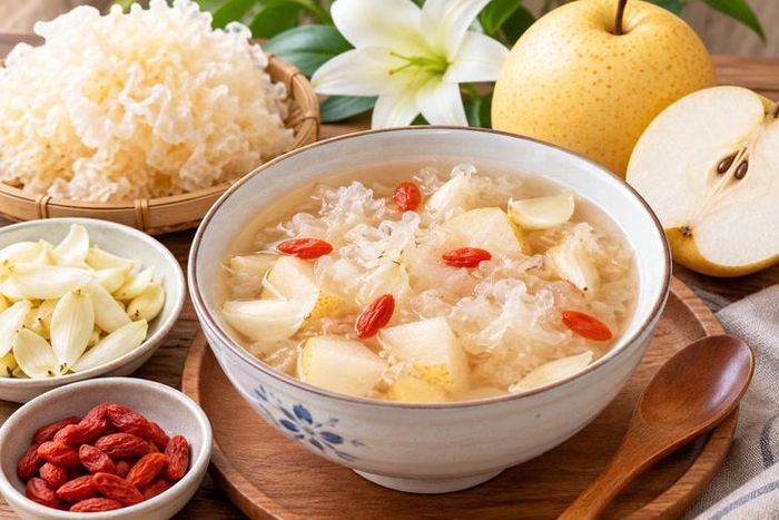 Món ăn chè nấm tuyết, bách hợp và quả lê giúp bổ sung nước và dưỡng chất hỗ trợ giảm khô họng. Ảnh AI.