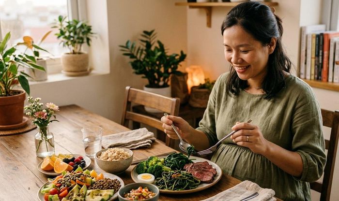 Phụ nữ mang thai nên ăn đa dạng và thường xuyên lựa chọn các thực phẩm giàu sắt. Ảnh minh hoạ (AI)