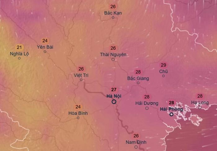 Dự báo của mô hình ICON (Đức) về nhiệt độ ở một số khu vực tại miền Bắc vào trưa, chiều 30/10. Ảnh: Ventusky, ICON.