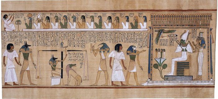 Phán xét Hunefer. Trong hình, thần đầu chó Anubis dẫn người thợ chép chữ Hunefer đến chỗ chiếc cân phán xét để cân trái tim của ông. Ông vượt qua bài kiểm tra và được thần Horus dẫn tới yết kiến vị thần của kiếp sau Osiris, người đang ngự trên ngai vàng. Ảnh: Wikipedia.