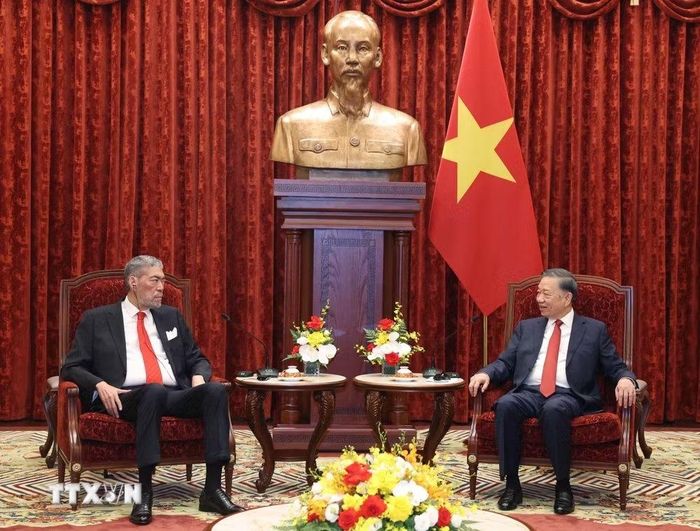 Tổng Bí thư, Chủ tịch nước Tô Lâm tiếp đồng chí Miguel Mejia, Tổng Bí thư Đảng Phong trào Cánh tả Thống nhất (MIU), Bộ trưởng Bộ Chính sách Hội nhập Khu vực của Cộng hòa Dominica. Ảnh: Thống Nhất/TTXVN.