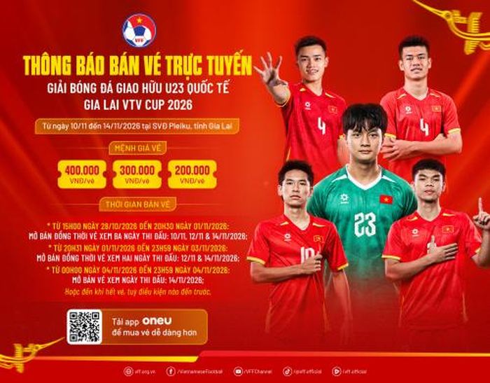 Ban tổ chức thông báo kế hoạch bán vé trực tuyến Giải bóng đá giao hữu U23 quốc tế – Gia Lai VTV Cup 2026. Ảnh: VFF