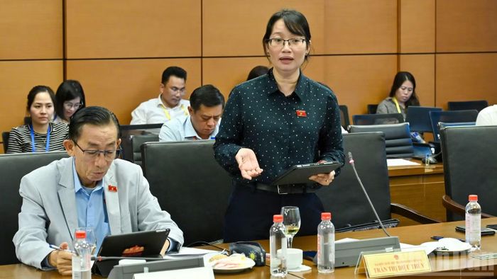 Đại biểu Trần Thị Diệu Thúy (Đoàn Thành phố Hồ Chí Minh) phát biểu tại tổ. (Ảnh: THỦY NGUYÊN)