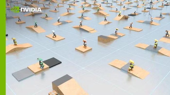 Môi trường mô phỏng Isaac Sim hỗ trợ huấn luyện robot thực hiện các chuyển động trước khi triển khai lên phần cứng thật. (Ảnh: NVIDIA)