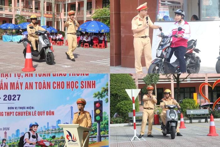 Cán bộ CSGT làm mẫu các tình huống cho học sinh.