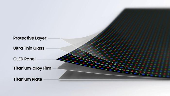 Cấu trúc màn hình gập Flex Titanium của Samsung Display, kết hợp tấm kính siêu mỏng với film titan-nhôm và tấm titan bên dưới tấm nền OLED để cải thiện độ bền và giảm nếp gấp. Ảnh: Samsung Electronics