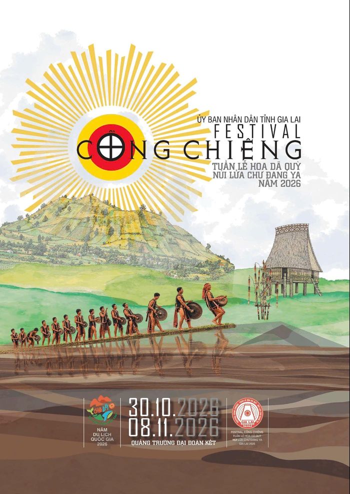  Banner quảng bá Festival cồng chiêng - Tuần lễ Hoa dã quỳ - Núi lửa Chư Đang Ya năm 2026 tại Gia Lai.