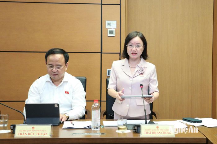 Đại biểu Thái Thị An Chung - Phó trưởng Đoàn chuyên trách Đoàn ĐBQH tỉnh phát biểu thảo luận tổ. Ảnh: Việt Anh