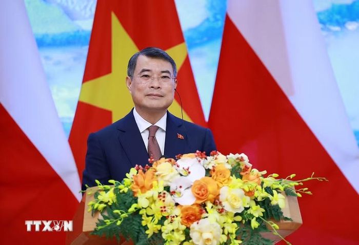 Thủ tướng Lê Minh Hưng phát biểu tại gặp gỡ báo chí hai nước. (Ảnh: Dương Giang/TTXVN)