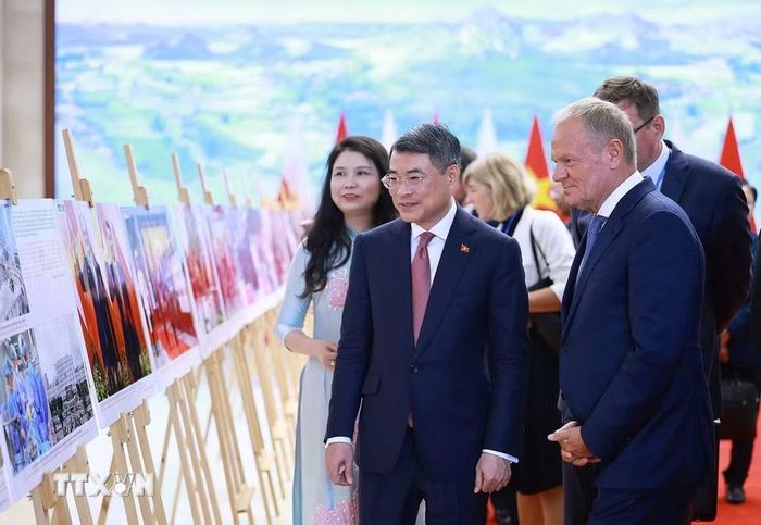 Thủ tướng Lê Minh Hưng và Thủ tướng Cộng hòa Ba Lan Donald Tusk tham quan trưng bày ảnh về quan hệ hợp tác giữa hai nước do Thông tấn xã Việt Nam thực hiện. (Ảnh: Dương Giang/TTXVN)