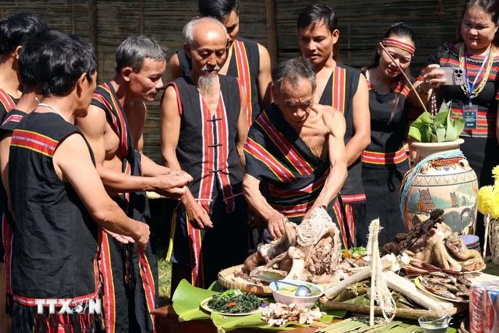 Các già làng thực hiện nghi lễ trong Lễ cúng máng nước tại khu dân cư Bằng La, thôn Tak Xoai, xã Trà Leng năm 2026. (Ảnh: Đỗ Trưởng/TTXVN)