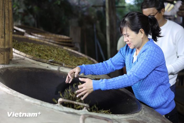 Du khách tự tay sao trà bằng chảo gang trên bếp lửa tại tiệm trà “Kiên nông dân”. (Ảnh: Hằng Trần/Vietnam+)