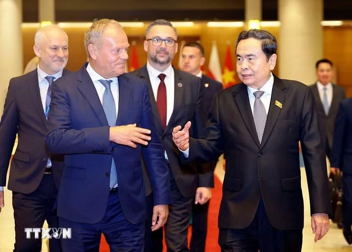 Chủ tịch Quốc hội Trần Thanh Mẫn hội kiến Thủ tướng Ba Lan Donald Tusk. (Ảnh: Doãn Tấn/TTXVN)