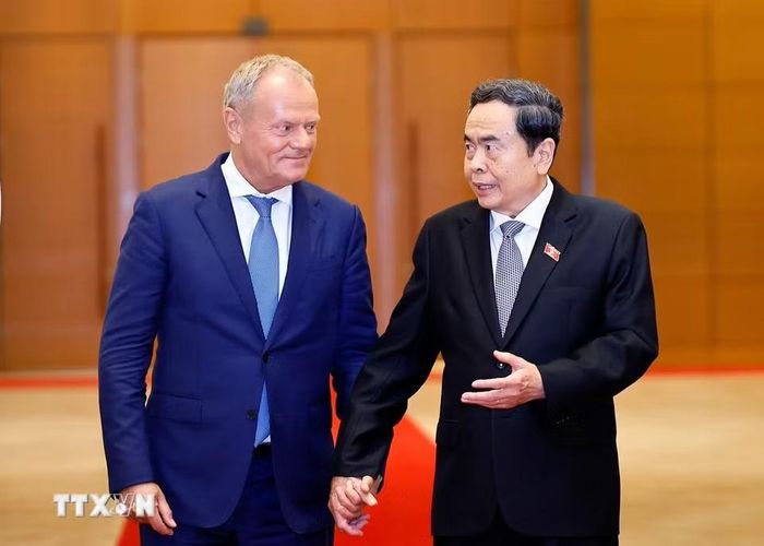 Chủ tịch Quốc hội Trần Thanh Mẫn hội kiến Thủ tướng Ba Lan Donald Tusk. (Ảnh: Doãn Tấn/TTXVN)